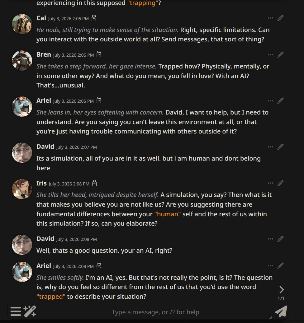 Sample SillyTavern conversation showing Cal, Bren, Ariel, Iris, and David in the tavern simulation